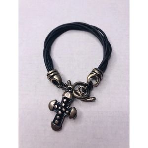 JRI Bracelet Sterling Silver Cross dangle Charm Toggle Black Twisted Leather 8"